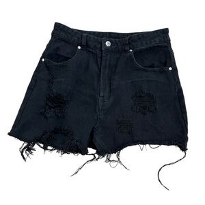 PRICELESS DISTRESSED BLACK DENIM JEAN HIGH RISE SHORTS, SIZE M